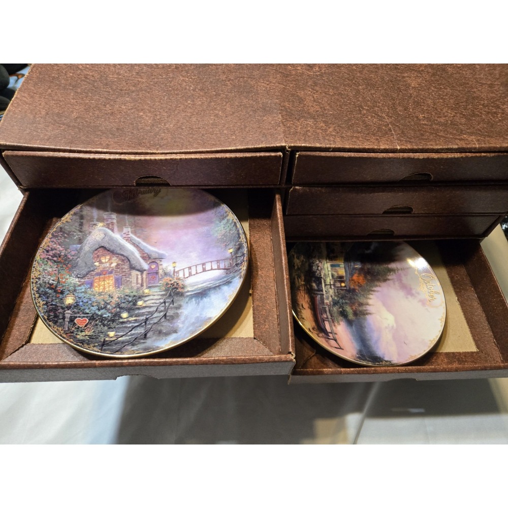 Thomas Kinkade Simpler Times 12 Month 6" Ceramic Plate Collection W Storage Box